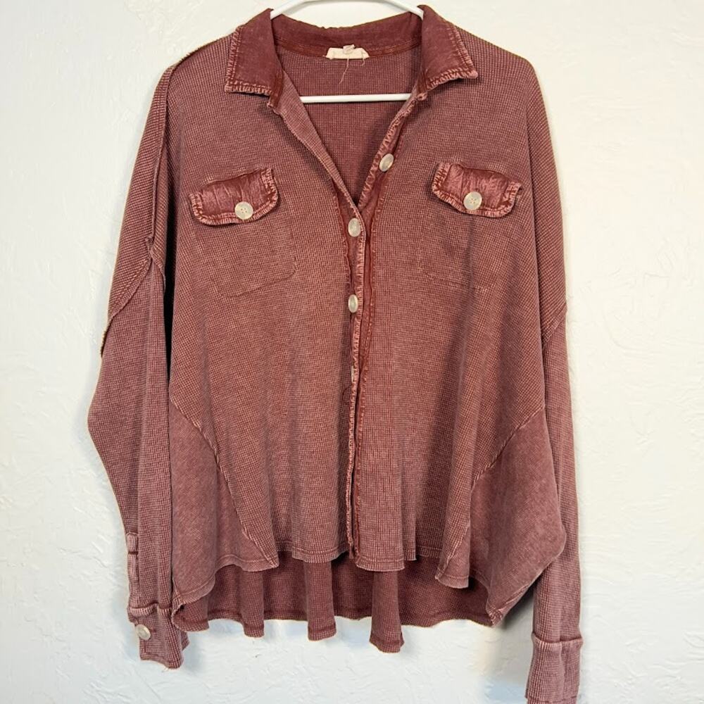 Easel Burgundy Mineral Wash Oversized Button Down Shirt Jacket M Boho